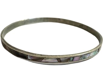 Vintage Signed Alpaca Mexico Abalone Shell Inlay Bangle Bracelet Jewelry