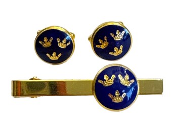 Vintage Swedish Tre Kronor Cufflinks and Tie Bar/Clip Original Box - Cobalt Blue Enamel & Three Gold Crowns