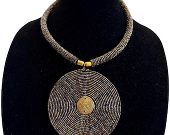 Authentic Maasai African Necklace Chocker Handmade Jewelry Brown Multicolor Beaded Large Mat Design Pendant