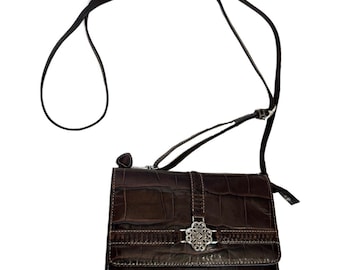 BRIGHTON Brown Leather Crocodile Small Crossbody Wallet Clutch Organizer Vintage