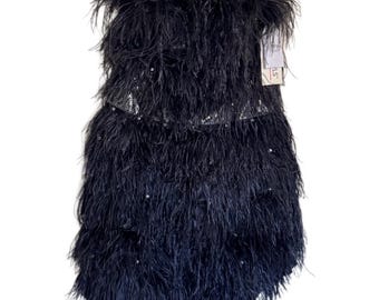 Vintage Y2K Tony Bowls LeGala Black Feather Adorned Cocktail Party Prom Mini Dress TS21145 NEW DEADSTOCK