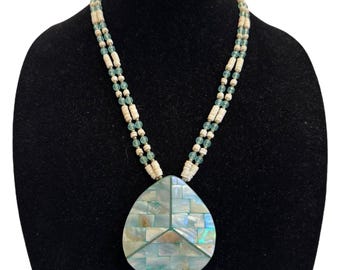 Mother of Pearl and Abalone Shell Necklace w/ Large Teardrop Light Blue Pendant