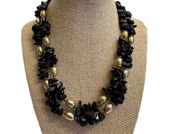 Vintage Black Onyx Gemstone Chunky Chips & Gold Beads Double Strand Necklace 19"