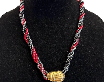 Vintage Maroon Red Black Gray Lucite Beaded Multiple Strand Twisted Necklace Gold Tone Clasp