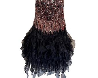 Y2K Vintage Sherri Hill Prom Dress Strapless Beaded Black Red Ruffles Cocktail