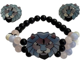 Vintage Lee Sands Lion Mother Of Pearl Micromosaic Bracelet & Stud Earrings SET