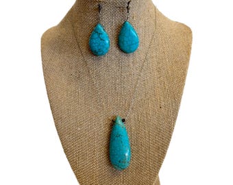 Floating Teardrop Turquoise Howlite Pendant Wire Necklace & Dangle Earrings SET