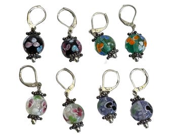 Vintage Lot of 4 Silver Tone Lever Back Art Glass Dangle Pierced Earrings Bundle