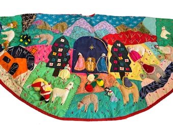 Peru Arpillera Patchwork Christmas Nativity Tree Skirt Peruvian 42" OOAK Vintage
