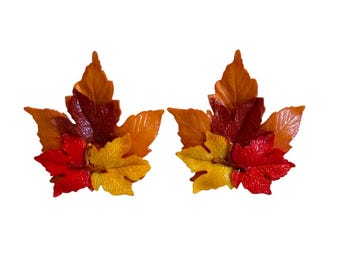 Vtg HUGE Red Orange Autumn Fall Leaves Plastic Resin Clip Earrings 1960s Vintage