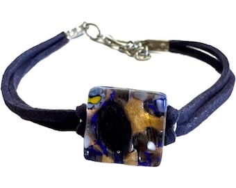 Vintage Murano Glass Made In Italy Blue Gold Lamp Work Leather Cord Art Bracelet