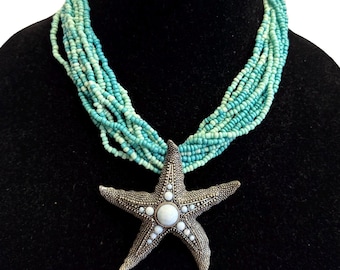 Vintage Multi Strand Beaded Silver Tone Starfish Necklace Faux Turquoise Accents
