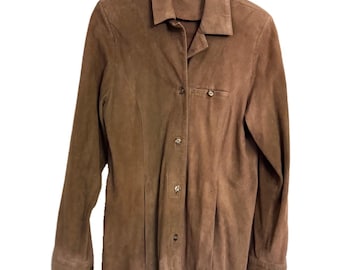 POPPY'S Argentina Brown Soft Genuine Suede Leather Button Down Shirt Jacket Shacket Size M Vintage