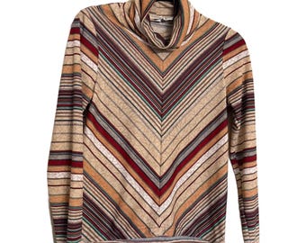 Vintage 70s Stockton Turtle Neck Striped Long Sleeve Blouse Mod Retro Disco Size Medium