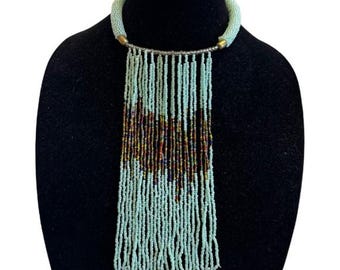 African Mint Green Seed Bead Wired Choker Bib Front Waterfall Statement Necklace