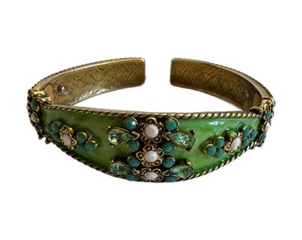 RARE Tura for CHRISTIAN DIOR Mid Century Green Enamel Bracelet Designer Vintage