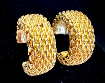 Christian Dior Pierced Earrings Hoop Gold Tone Mesh Textured Rope Vintage Signed