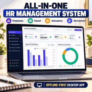 Peut inclure: Un écran d'ordinateur portable affiche un tableau de bord de système de gestion RH tout-en-un avec des sections pour les employés, la paie, les présences et le recrutement. L'interface présente des graphiques et un diagramme en anneau.