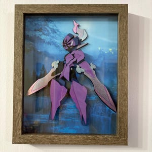 May include: A framed artwork featuring a stylized, purple figure with silver accents and two sword-like extensions. The figure is set against a blue and green landscape background. The frame is a natural wood color.