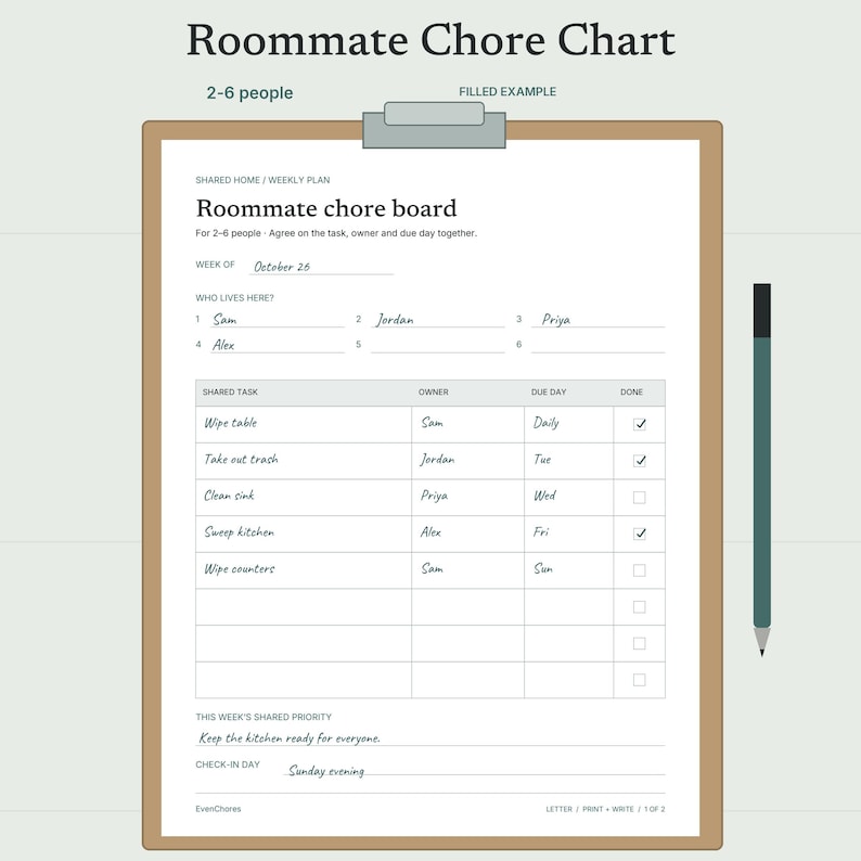 Chart Paper House Adult Chore Chart Printable for 2-6 Roommates, Weekly Shared House ...