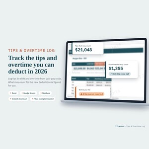 No Tax on Tips Tracker 2026, Tip Log and No Tax on Overtime Worksheet, Server Bartender