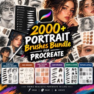 2000 Portrait Brushes Bundle, Portrait Drawing Brushes, Procreate Brushes, Digital Painting Brushes, Face Brushes, Skin Texture Brushes