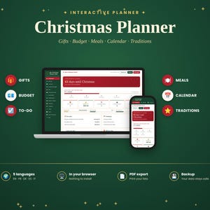 Peut inclure: Un planificateur de Noël interactif affiché sur un écran d'ordinateur portable et de smartphone sur fond vert foncé. L'interface comprend des sections pour les cadeaux, le budget, les repas, le calendrier et les traditions, avec 63 jours avant Noël.