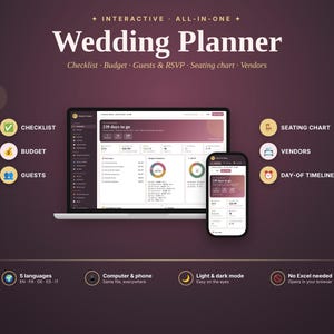 Könnte beinhalten: Ein interaktiver All-in-One Hochzeitsplaner auf einem Laptop- und Smartphone-Bildschirm. Die Benutzeroberfläche umfasst eine Checkliste, ein Budget, eine Gästeliste, einen Sitzplan, eine Anbieterverwaltung und einen Zeitplan für den Hochzeitstag.