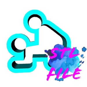 May include: A turquoise blue 3D printed model of a person sitting down. The model is outlined in black and has a watercolor background with the text "STL FILE" in pink.