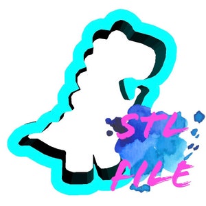 May include: A turquoise blue dinosaur cookie cutter with a black outline. The cookie cutter is on a white background with a blue watercolor splatter and the text "STL FILE" in pink.