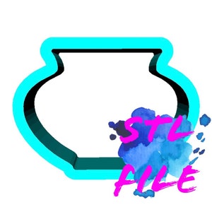 Puede incluir: Un cortador de galletas redondo en forma de olla con una abertura ancha, de color azul turquesa. El cortador está sobre un fondo blanco con salpicaduras de acuarela azul y el texto "STL FILE" en rosa.