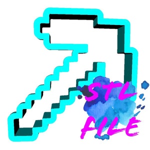 May include: A bright blue 3D printed pickaxe with a white background. The text "STL FILE" is written in pink and blue on a watercolor background.