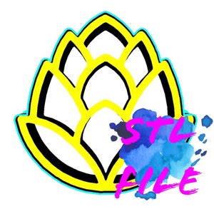 Peut inclure: Un cône de houblon stylisé jaune avec un contour noir, sur un fond aquarelle bleu avec le texte "STL" et "ALLE" en rose.