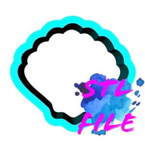 May include: A blue and black seashell cookie cutter with a blue watercolor background and the text "STL" and "ALLE" in pink.