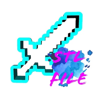 Peut inclure: Modèle 3D imprimé d'une épée Minecraft en bleu turquoise vif. L'épée est soulignée de noir et repose sur un fond aquarelle bleu avec le texte "STL FILE" en rose.