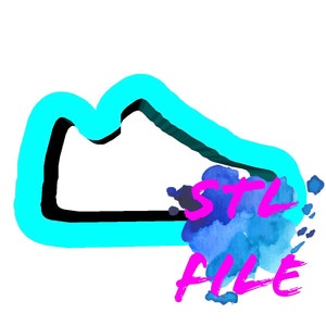 May include: A blue and black outline of a shoe with a watercolor background. The word "STL FILE" is written in pink on the background.