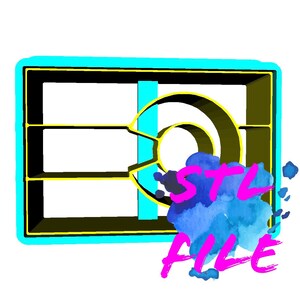 May include: A 3D model of a shelf unit with a blue and yellow frame. The text "STL FILE" is written in pink on a blue watercolor background.