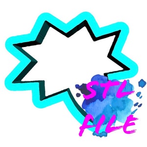 May include: A blue star-shaped outline with a black border. The star is partially obscured by a blue watercolor splatter with the text "STL FILE" in pink.