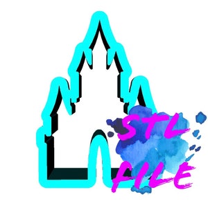 May include: A blue and black 3D printed castle design, with the words "STL FILE" in pink and blue on a watercolor background.