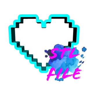 May include: A blue and black pixelated heart shape, with a blue watercolor background and the text "STL FILE" in pink.