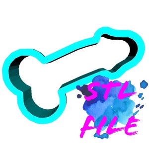 May include: A blue 3D printed dog bone cookie cutter with a watercolor background and the text "STL FILE" in pink.