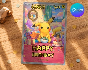 Peut inclure: Une carte à collectionner holographique rectangulaire représentant un personnage Pikachu jaune tenant une Poké Ball. La carte affiche le texte Lenny, 7yrs, Happy Birthday et From mom & dad, entouré de ballons, cadeaux et un gâteau.