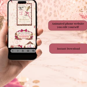 May include: A smartphone displaying a digital birthday invitation website with a martini glass graphic, leopard print borders, and pink bows. The screen shows text including Not everyone's cup of tea, more like a double vodka, and 50th Birthday.