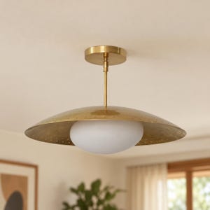 Brass Dome Pendant Light, 18-Inch Perforated Shade with White Glass Diffuser, Mid Century Ceiling Lamp