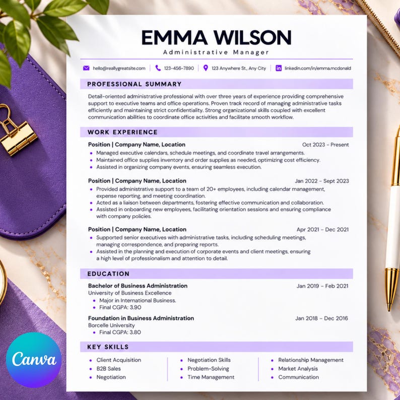 Cv Layput Examples ATS Friendly Resume Template, Editable Canva Two Page CV, Clean ...