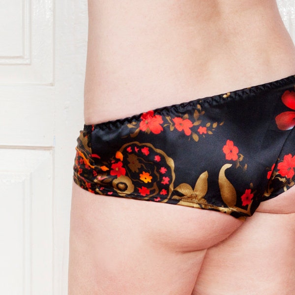 Made to order silk panties black with red and golden floral pattern, satin sexy woman short lingerie, ladies underwear, l, plus size