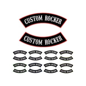 May include: Two large and twelve small arched embroidered patches with black backgrounds, red borders, and white text that reads CUSTOM ROCKER in a stylized font. The patches are arranged in rows against a plain white background.