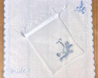 Brides Handkerchief Initial J: Something Blue, Embroidered Cotton Hankie with Pouch