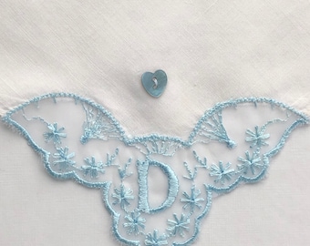 Monogrammed "D” Bridal Wedding Handkerchief Hankie ~ Something Old & Blue ~ New Vintage