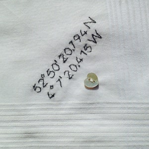 Mens Personalised Handkerchief GPS Coordinates Latitude Longitude Gift Hand Embroidered Heart Button image 5